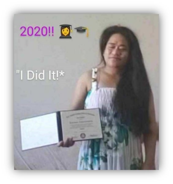 Text: 2020!! Graduation Emojis, I DID IT.  Image: Jemiah holds a diploma and smiles. Text: 2020!! Graduation Emojis, I DID IT.  Image: Jemiah holds a diploma and smiles.